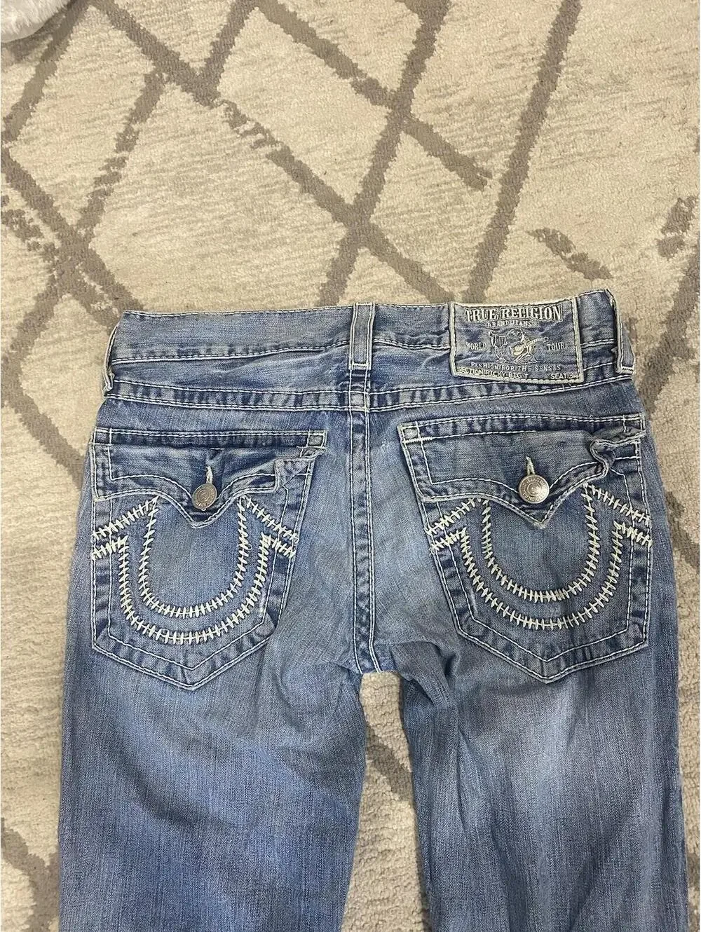 True Religion Mens Sz 33 Section Ricky Giant Big T Seat 34 Thick Stitch Jeans